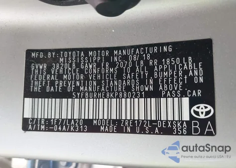 2019 Toyota Corolla Xse из США, поврежденный, VIN 5YFBURHE8KP880231